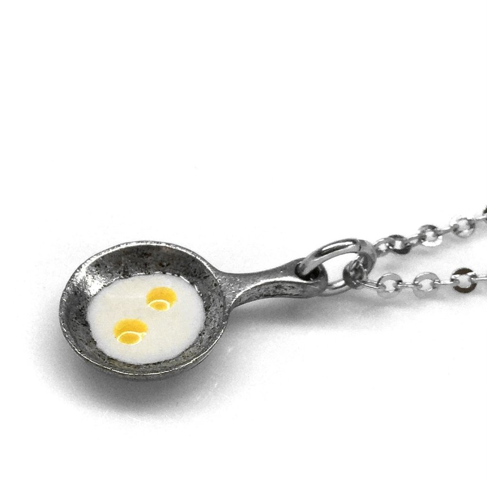 Miniature Fried Eggs Frying Pan Charm Necklace